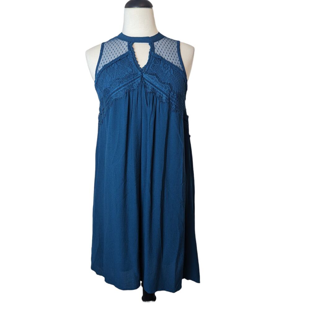 Teal Sleeveless Baby Doll Style Dress Lace Detail Size L